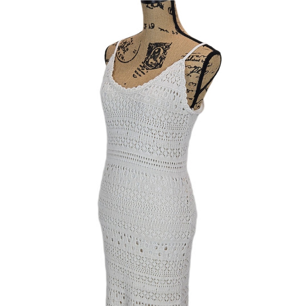 Freshman 1996 Womens Crochet Maxi Dress Medium Cream Boho Knit Scalloped Beige